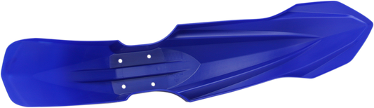 Acerbis blue front fender for motorcycle, mounted on bike, showcasing vibrant blue color and aerodynamic design.
