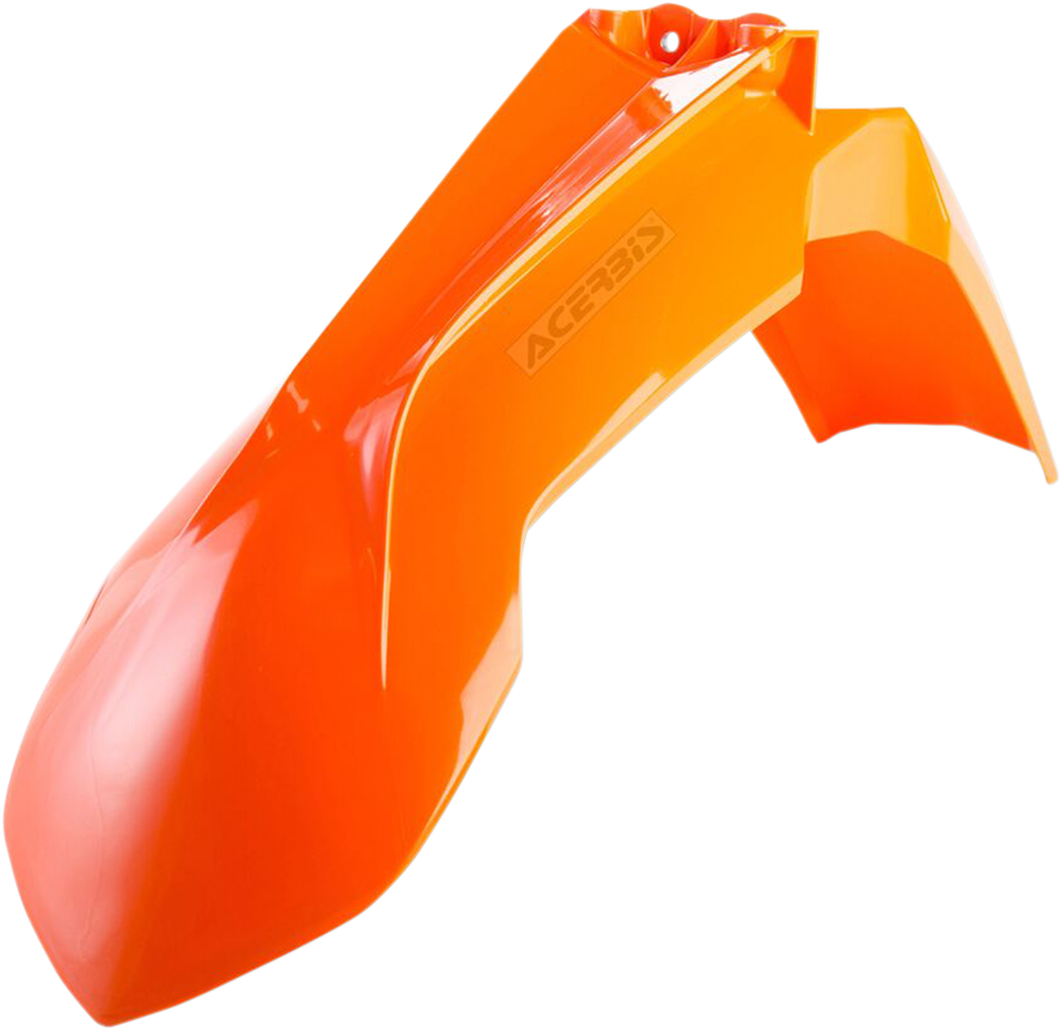 Acerbis fluorescent orange front fender for motorcycles, made of durable body material, with a sleek design and bright color.