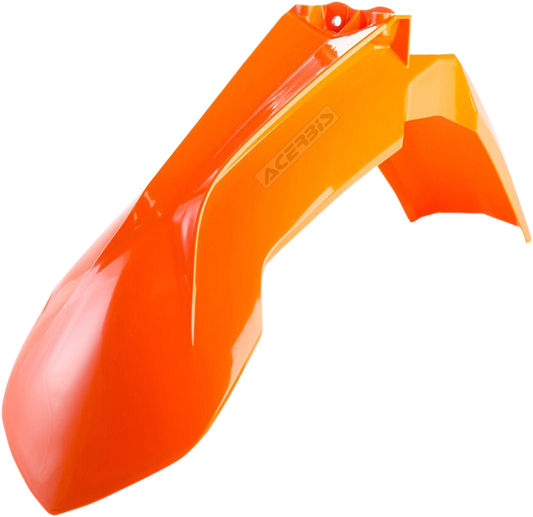 Acerbis fluorescent orange front fender for motorcycles, made of durable body material, with a sleek design and bright color.