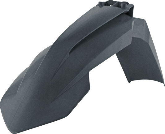 Acerbis gray metallic front fender for motorcycle, mounted on bike, showcasing durable plastic body and sleek finish.