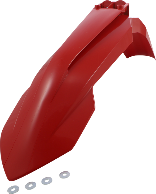 Red Acerbis front fender for motorcycle, showcasing sleek body design and vibrant color, ideal for off-road or street bikes.