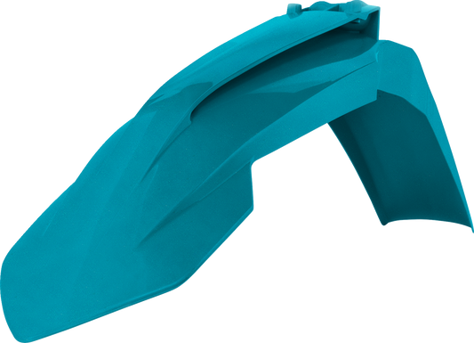 Acerbis front motorcycle fender in teal metallic color, designed for off-road or motocross bikes, with a sleek, aerodynamic shape.