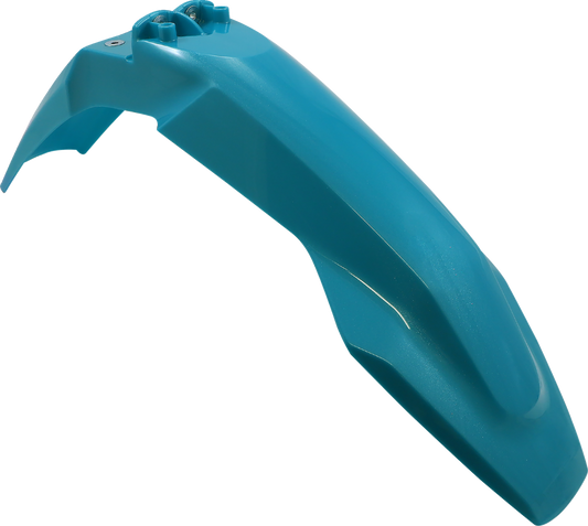 Acerbis front fender in teal metallic color, motorcycle body part with brand logo visible on the sleek, durable design.