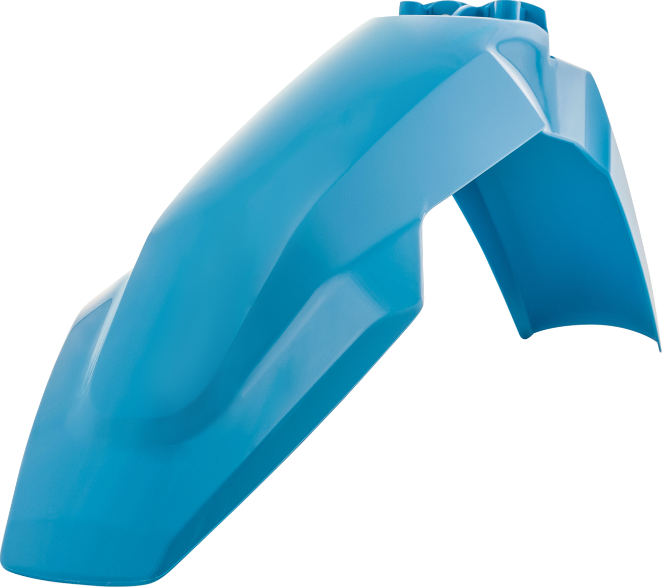 Acerbis teal and metallic front fender for motorcycle, showcasing the vibrant painted body with mounting points visible.