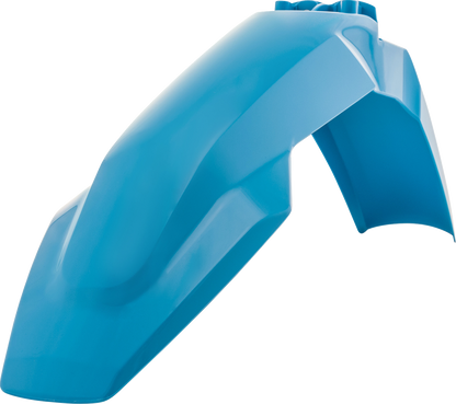 Acerbis teal and metallic front fender for motorcycle, showcasing the vibrant painted body with mounting points visible.