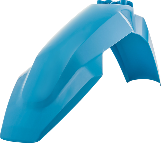 Acerbis teal and metallic front fender for motorcycle, showcasing the vibrant painted body with mounting points visible.