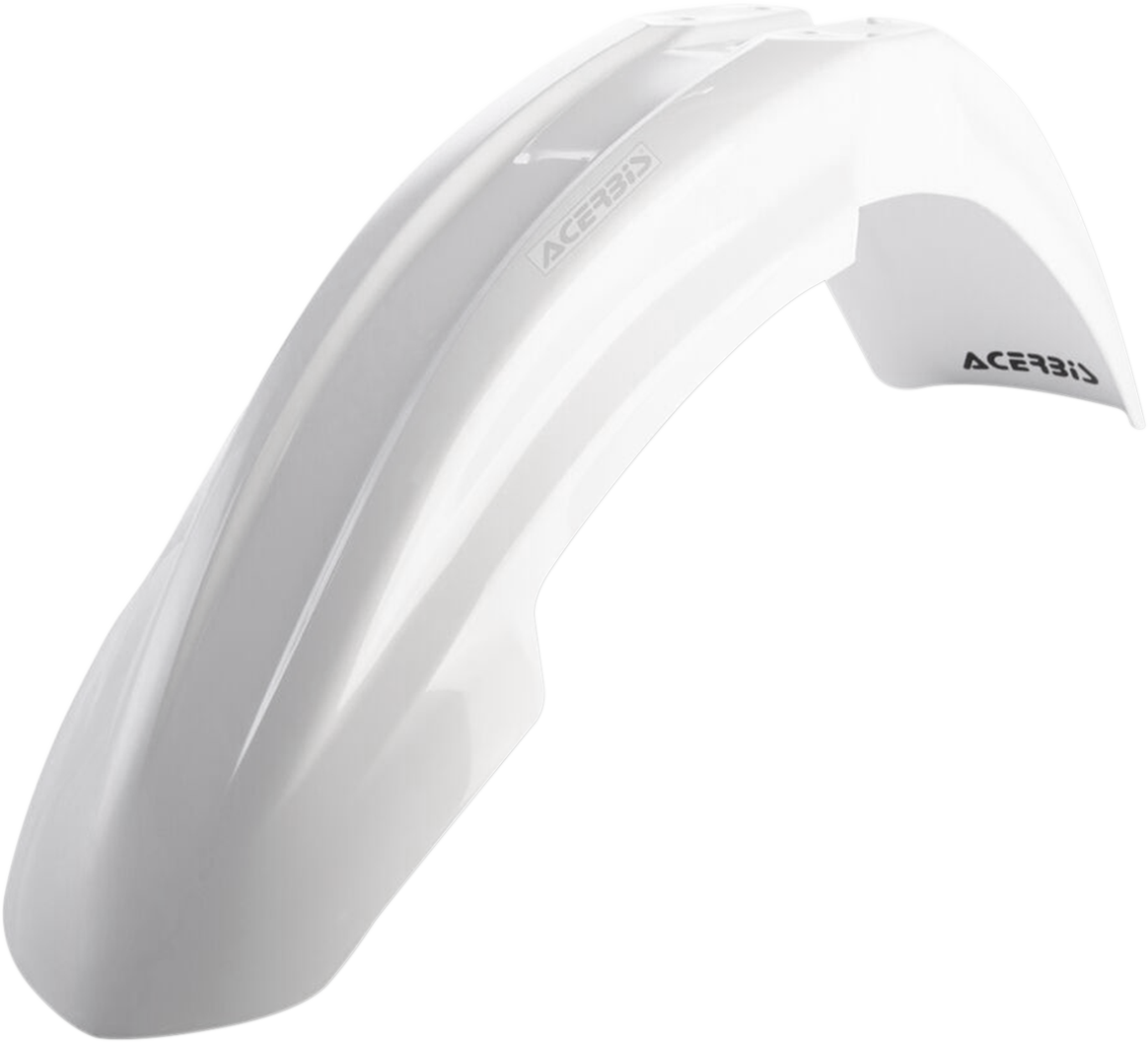 Acerbis front fender in white for motorcycles, shown on a body with detailed surface and mounting points, designed for durable protection.
