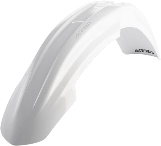Acerbis front fender in white for motorcycles, shown on a body with detailed surface and mounting points, designed for durable protection.
