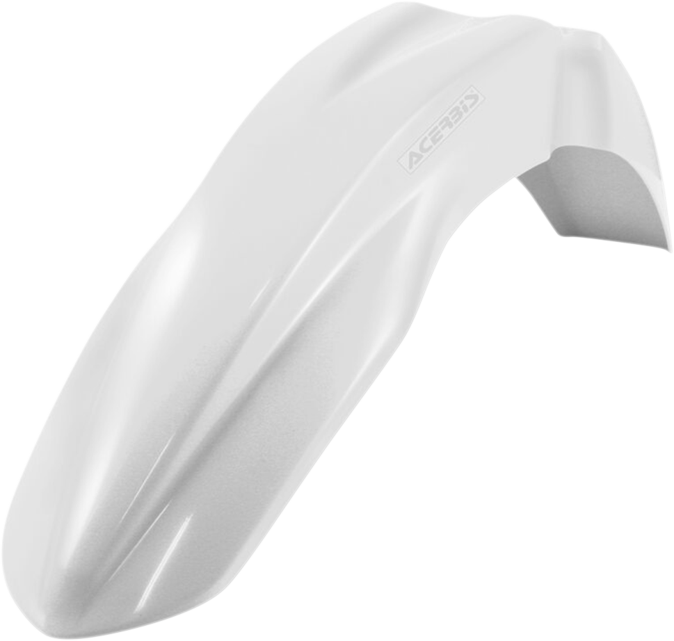 White Acerbis front fender for motorcycle, featuring durable body design, suitable for off-road and motocross bikes.