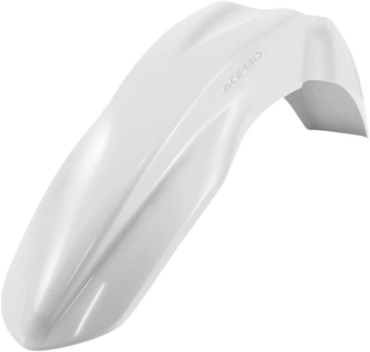 White Acerbis front fender for motorcycle, featuring durable body design, suitable for off-road and motocross bikes.