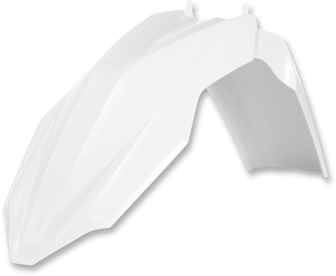 Acerbis white front fender motorcycle body part, designed for off-road or dirt bikes, with a sleek, curved shape.