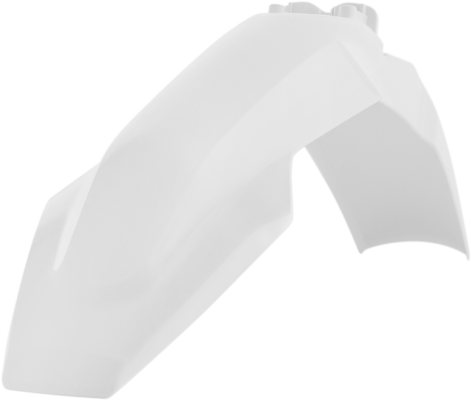 Acerbis white front fender for motorcycle, shown in the image, designed for durable body protection and style.