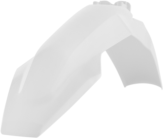 Acerbis white front fender for motorcycle, shown in the image, designed for durable body protection and style.