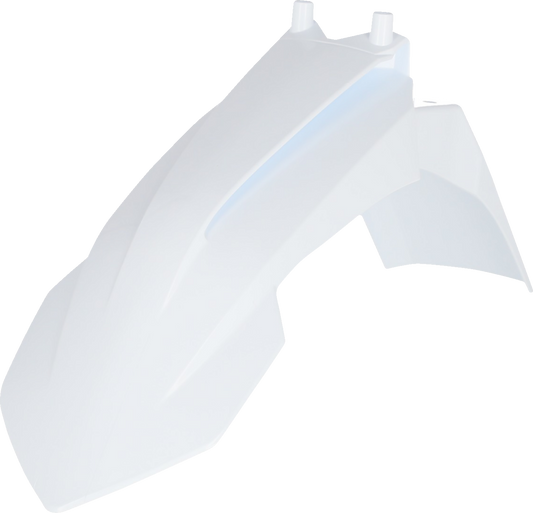 Acerbis white front fender motorcycle body part, designed for off-road bikes, with smooth curved shape and mounting points.
