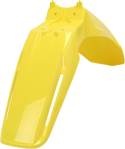 A yellow Acerbis front fender for motorcycle, designed as a durable body part with mounting points, on a plain background.