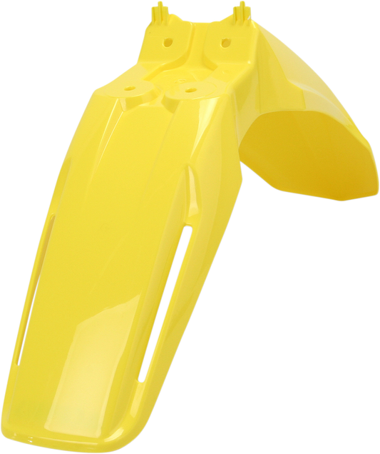 A yellow Acerbis front fender for motorcycle, designed as a durable body part with mounting points, on a plain background.