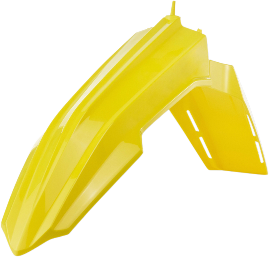 Yellow Acerbis front fender for motorcycle, designed for body protection, shown mounted on bike with detailed close-up.