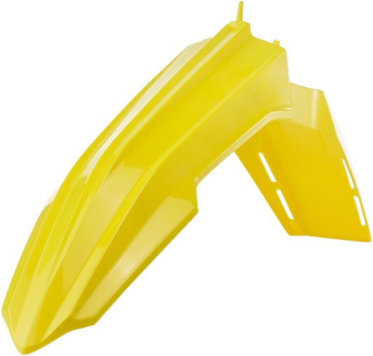 Yellow Acerbis front fender for motorcycle, designed for body protection, shown mounted on bike with detailed close-up.