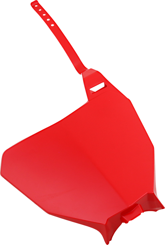 Acerbis front number plate for 2000 CR motorcycle, red body, mounted on bike with bill's exhausts branding visible.