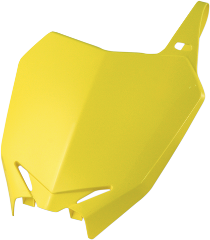 Acerbis yellow front number plate for 2002 RM motorcycle, mounted on bike body, with black mounting brackets, bright yellow color.
