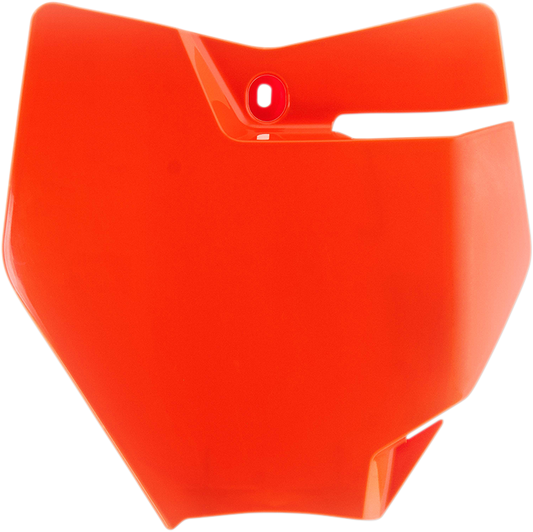 Orange Acerbis front number plate for motorcycles, featuring bold body design and mounting hardware, suited for bike customization.
