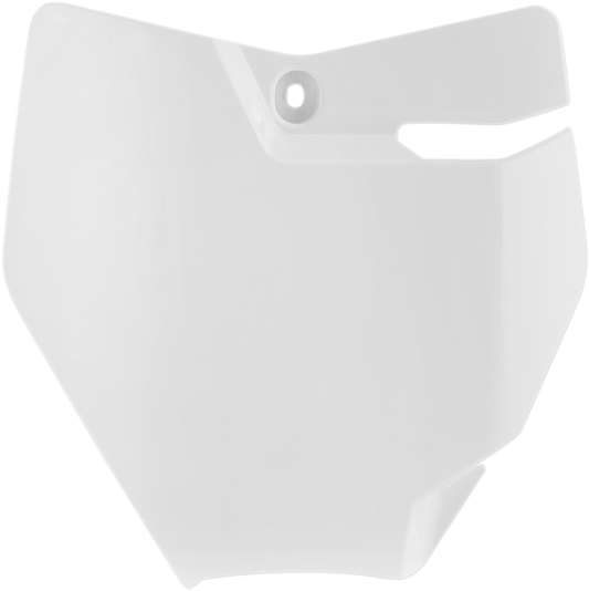 White Acerbis front number plate for motorcycle, designed for body customization, with brand details visible on the plate.