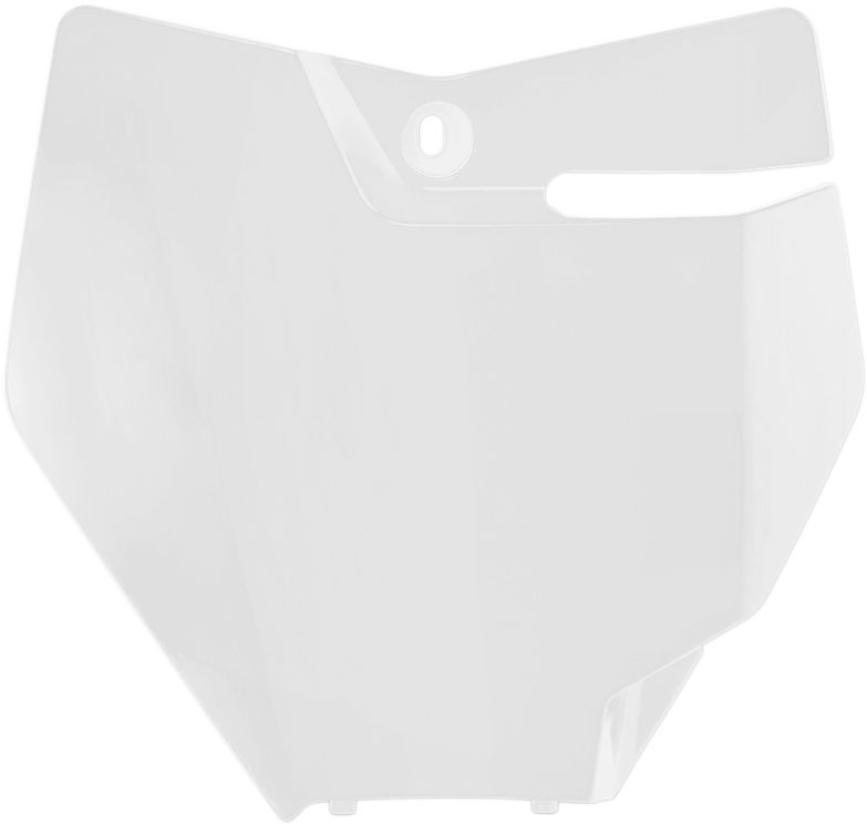 ACERBIS front number plate in white for motorcycle, mounted on body, designed for durability and a sleek look.