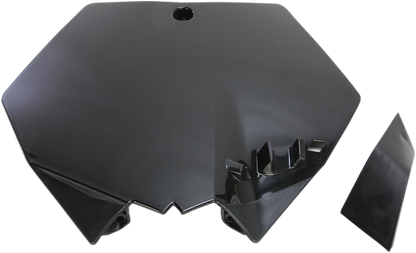 Black Acerbis front number plate for motorcycle, mounted on body, with sleek design and branding details.