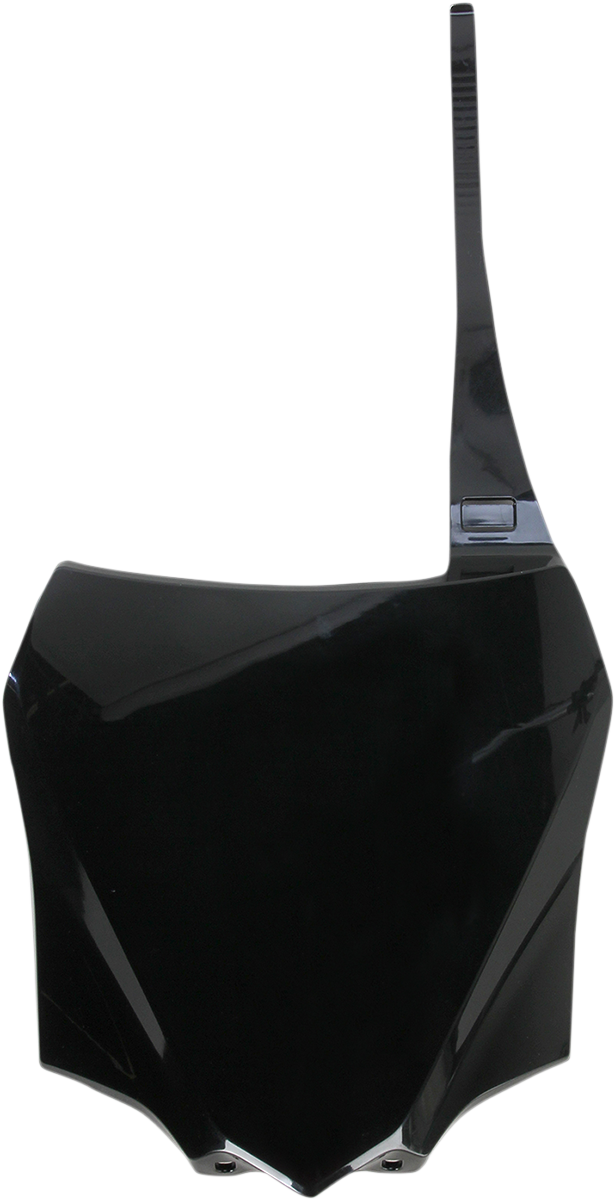 Black Acerbis front number plate for motorcycle, shown with mounting details and brand logo, made of durable body material.