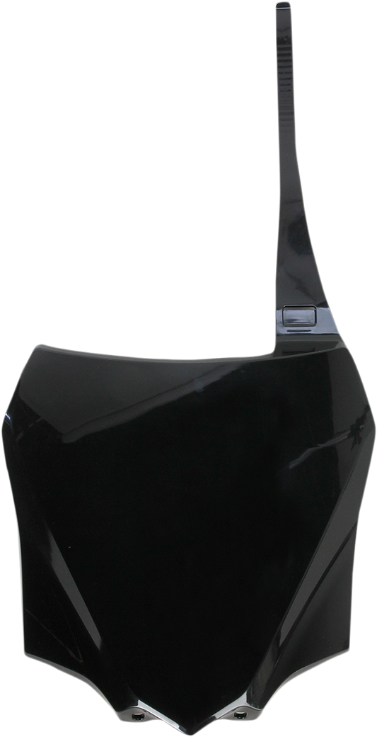 Black Acerbis front number plate for motorcycle, shown with mounting details and brand logo, made of durable body material.