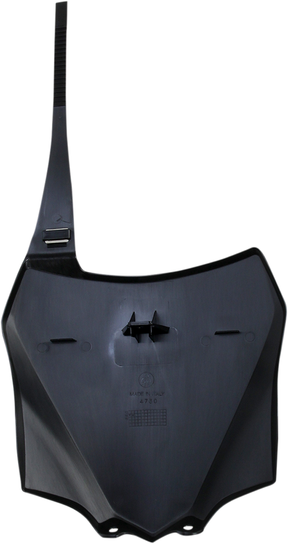 Acerbis black front number plate mounted on a motorcycle, designed for durability and style, with the product code 2374050001.