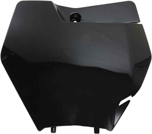Black Acerbis front number plate mounted on a motorcycle body, designed for durability and clear number display.