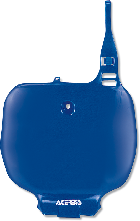 Blue Acerbis front number plate for motorcycle, mounted on the body, with visible mounting points and sleek design.