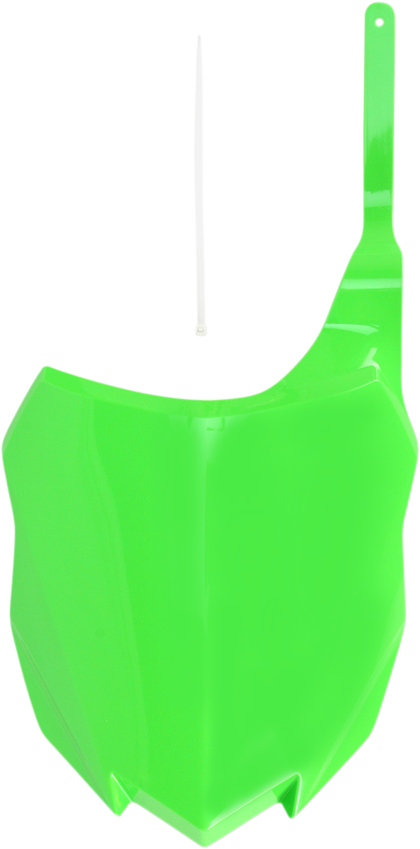 Acerbis front number plate in green mounted on a motorcycle, showcasing its sleek body design and vibrant color.