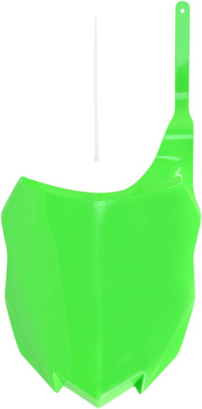 Acerbis front number plate in green mounted on a motorcycle, showcasing its sleek body design and vibrant color.