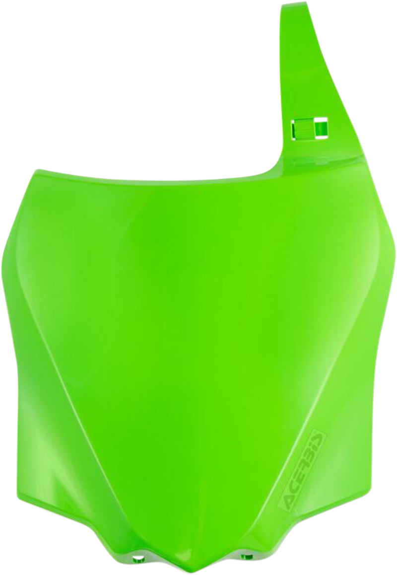 Green Acerbis front number plate for motorcycle, mounted on body with mounting holes, designed for off-road or motocross bikes.