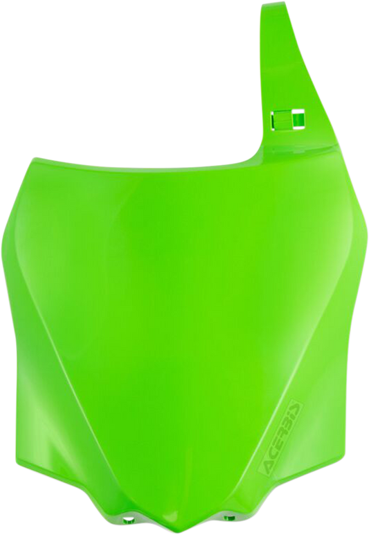 Green Acerbis front number plate for motorcycle, mounted on body with mounting holes, designed for off-road or motocross bikes.
