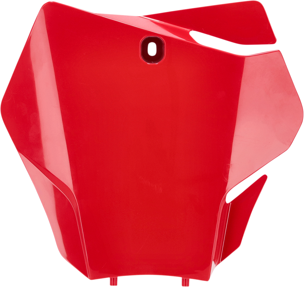Acerbis red front number plate mounted on motorcycle body, featuring bold branding and sleek design for enhanced visibility.