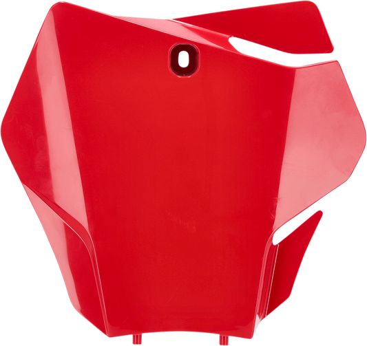 Acerbis red front number plate mounted on motorcycle body, featuring bold branding and sleek design for enhanced visibility.