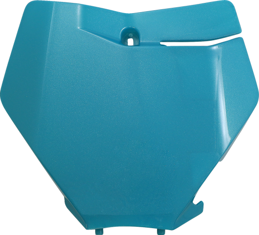 Acerbis front number plate in teal for motorcycle, mounted on bike body, with sleek design and brand details visible.