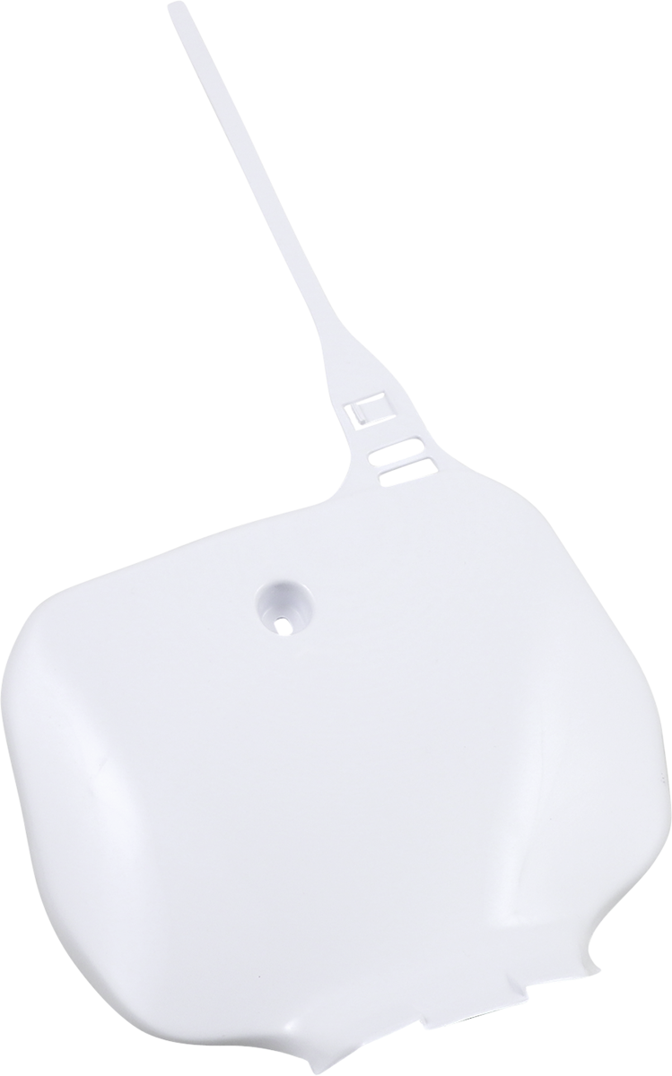 White Acerbis front number plate for motorcycle, designed for body mounting, with brand details visible on the plate.