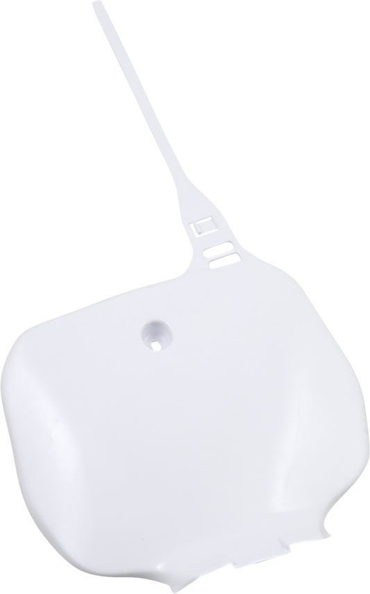White Acerbis front number plate for motorcycle, designed for body mounting, with brand details visible on the plate.