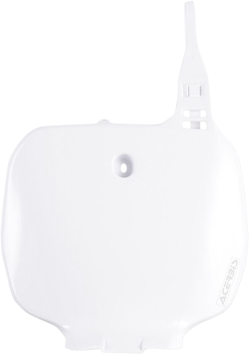 Acerbis white front number plate for motorcycle, mounted on a body, with clear mounting holes and sleek design.
