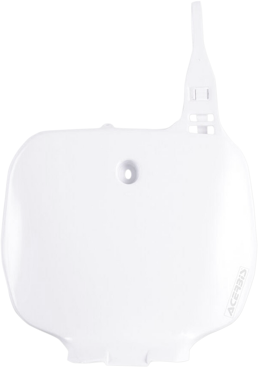 Acerbis white front number plate for motorcycle, mounted on a body, with clear mounting holes and sleek design.