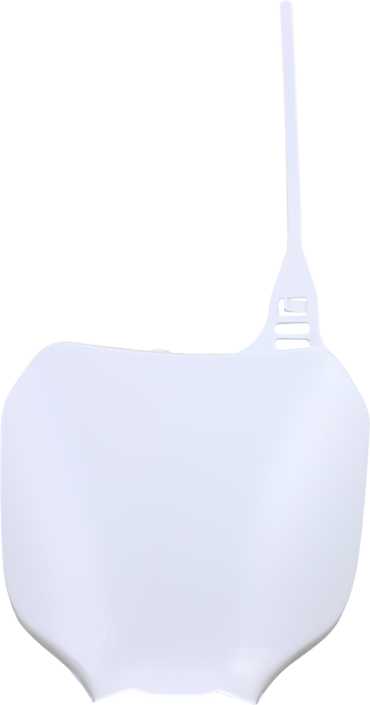 Acerbis white front number plate mounted on a motorcycle, showcasing clean design and branding, with mounting hardware visible.