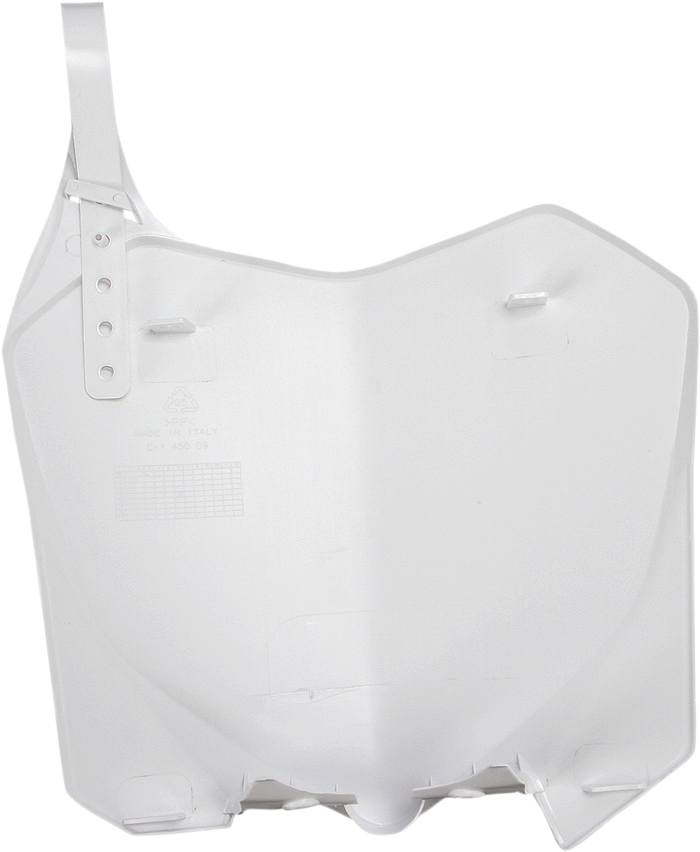 White Acerbis front number plate for motorcycles, featuring a sleek body design and clean branding details.