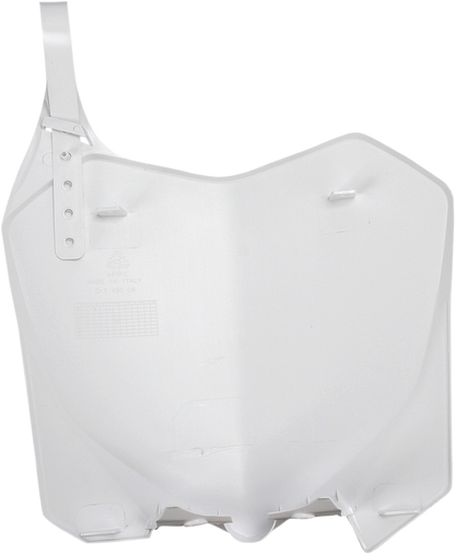 White Acerbis front number plate for motorcycles, featuring a sleek body design and clean branding details.