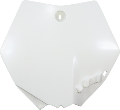 Acerbis white front number plate mounted on a motorcycle, showcasing the body style and branding details.