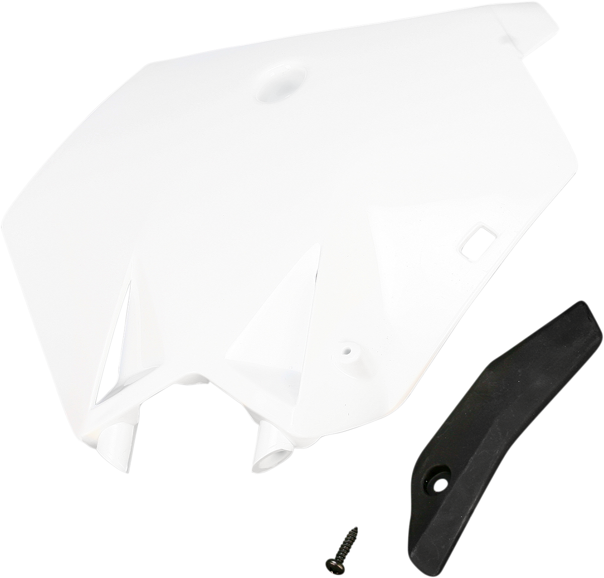 Acerbis front number plate in white for motorcycle, mounted on bike body, with brand details visible.