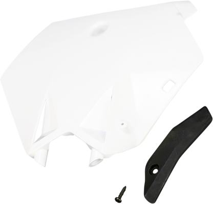 Acerbis front number plate in white for motorcycle, mounted on bike body, with brand details visible.
